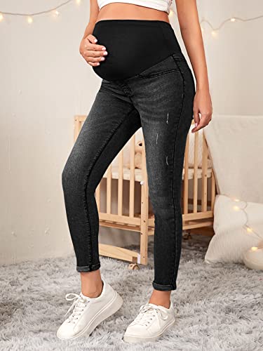 Floerns Women's Maternity High Waist Ripped Hem Denim Jeans Pants With Pocket Black M #TOP3