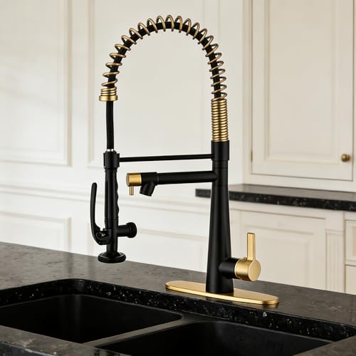Image of Kitchen Faucet, Solid Brass Black + Brushed Gold Kitchen Faucet, Heavy Duty Spring Pre-Rinse Single Handle Kitchen Faucets with Pull Down Sprayer and Pot Filler, Commercial Style Sink Faucet