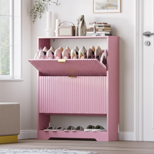 Image of BORNOON Shoe Cabinet with 2 Flip Drawers, Fluted Shoe Storage Cabinet with Adjustable Shelves, Freestanding Rack and Organizer for Entryway, Closet, Hallway