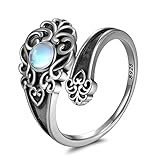 TYSO Moonstone Spoon Ring 925 Sterling Silver Open Adjustable Ring Oxidized Victorian Vintage Flower Thumb Rings for Women