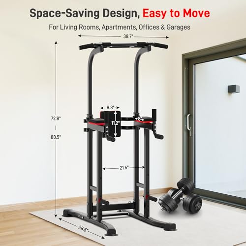 Outdoor Basic Power Tower, Pull Up Bar and Dip Station for Home Gym, 1600LBS Weight Capacity, Adjustable Height, Heavy Duty Steel Frame for Calisthenics, Strength Training Fitness Equipment (Power Tower Pro Max)