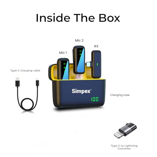 Image of Simpex (SWM-009 2 in 1 Wireless Microphone System with Active Noise Cancellation, 50m Wireless Range, Upto 8 hrs of Working time, Plug and Play, Compatible with All the Smartphones.