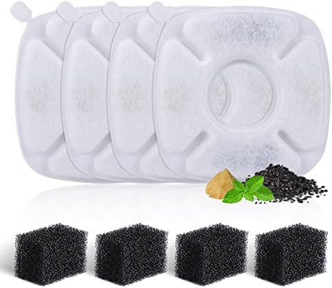 4 Pack Replacement Filters & 4 Pack Replacement Pre-Filter Sponges for 67/95/135/85oz Automatic Pet Fountain, BFLICROY Cat Water Fountain Filters, Triple Filtration Dog Fountain Filter Replacement