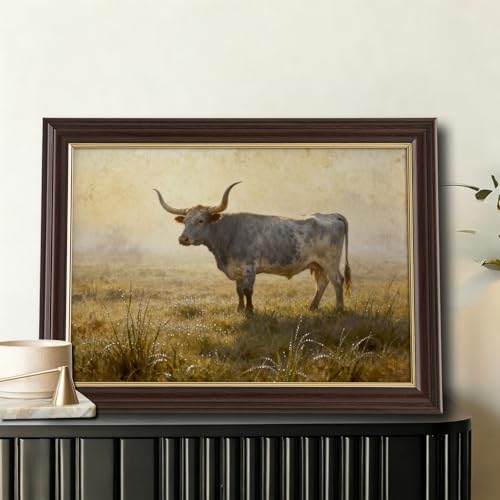 Image of Antique Framed Longhorn Cattle Canvas Wall Art, Western Farm Animal Oil Painting Canvas Prints, Vintage Ranch Wall Decor Pictures for Living Room Bedroom Office Bathroom
