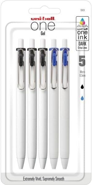 One Retractable Gel Pens, Micro Point, 0.5 mm, White Barrel, Black/Blue Ink, Pack Of 5 Pens