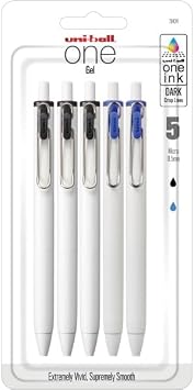Uni-Ball One Retractable Gel Pens, Micro Point, 0.5 mm, White Barrel, Black/Blue Ink, Pack Of 5 Pens