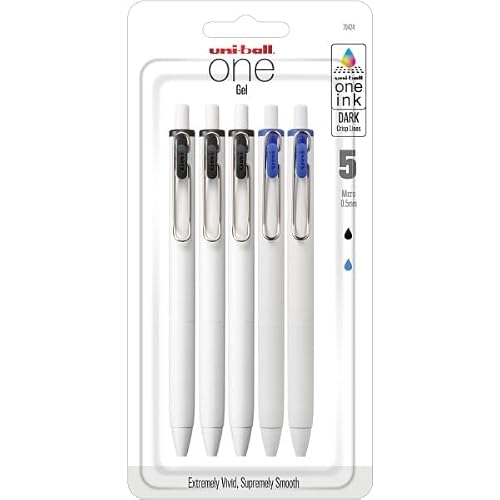 Uni-Ball® One Retractable Gel Pens, Micro Point, 0.5 mm, White Barrel, Black/Blue Ink, Pack Of 5 Pens