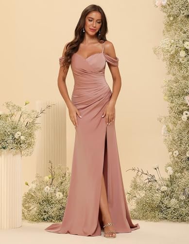 Miao Duo Women's Cold Shoulder Satin Bridesmaid Dresses Long Ruched Mermaid Formal Dresses with Slit YZTS1203