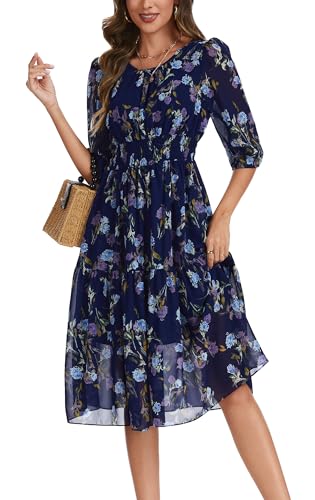 Image of Kormei Women Casual Boho Floral Round Neck 3 /4 Sleeve Smocked Waist Tiered A Line Flowy Swing Midi Dress Long Dresses