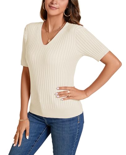 Image of Women Summer Knit Shirt Blouse V Neck Short Sleeve Pullover Sweater Tops