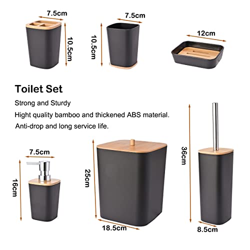 Yorkmills 6 Pieces Bamboo Bathroom Accessories set, Luxury Bathroom Accessory Set, Bathroom Bin And Toilet Brush Set, Toothbrush Holder Tumbler Soap Dish Trash Can Soap Dispenser Bath Set Gift - Image 3