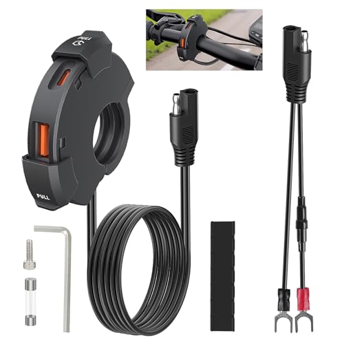 Comius Sharp Cargador USB Moto, 18W QC3.0 USB y 30W PD Type-C Doble Puerto de Carga Rápida, IP65 Impermeable Teléfono de Motocicleta Adaptador para Motos, Coches, Barcos, Autocaravanas, ATVs