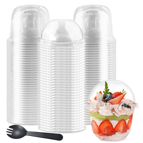 Szsrcywd 100Pcs 10oz Plastic Dessert Cups with Dome Lids 50Pcs Disposable Clear Parfait Party Cup(No Hole) and 50Pcs Sporks Snack Containers Bowls for Cake Mousse Milkshake Yogurt Ice Cream Fruits