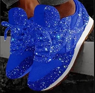 Jonuiony Women's Fashion Casual Breathable Crystal Bling Lace Up Sport Shoes Sneakers Glitter Tennis Sneakers Comfy Sparkly Rhinestone Bling Running Shoes Shiny Sequin Flat Heel Shoes(Blue,11) #TOP1