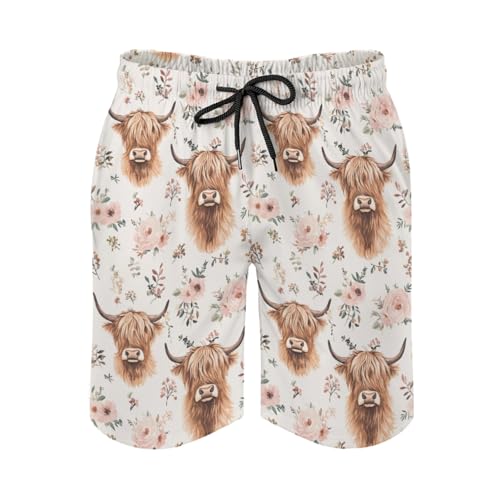 Highland Cow Boho Floral Men's Swim Trunks Highland Yak Pink Flower Board Shorts Western Cowboy Animal Swimsuit