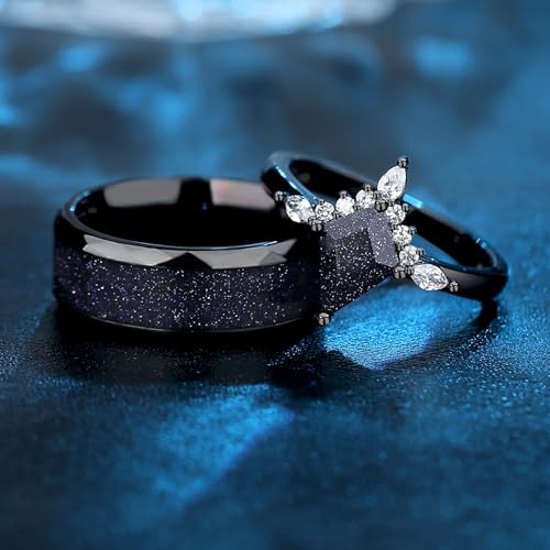 Custom Black Matching Rings - Couples' Blue Sandstone, Kite Cut with Personalized Engraving3