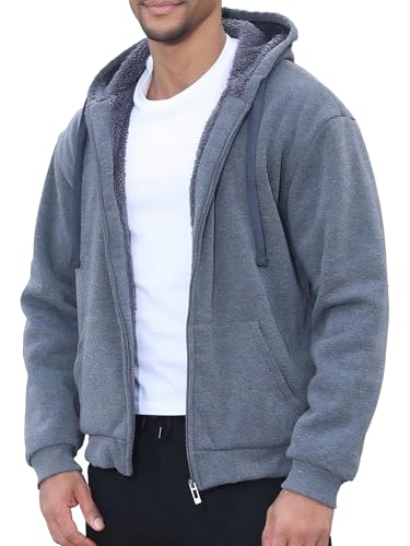 Wuantrexx Sherpa Lined Hoodies for Men Heavyweight Fleece Sweats Thick Warm Full Zip Up Jacket Big and Tall Grey, XXL