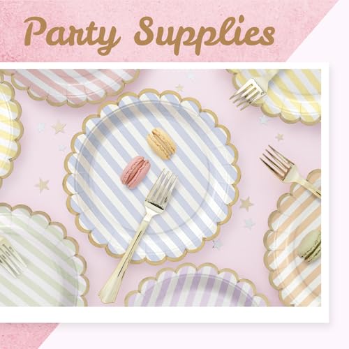 Image of Party Paper Plates, 50-Pack 9-Inch Bulk Disposable Decorative Paper Plates with Gold Scalloped Trim, 6 Colors for Tea Party, Easter, Garden Party, and Bridal Showers, Gilded Pastel Stripeworks