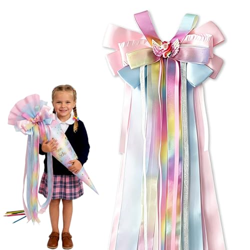 Schultütenschleife Einhorn 65×20cm Zuckertütenschleife Schleife mit 3D Einhorn-Applikation Schultüte Zuckertüten Schleife für Mädchen Junge Schulanfang zur Einschulung Deko Geschenk Schleifen