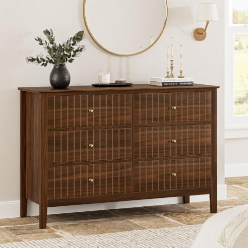 Apetaccat Large Chest of Drawers Bedroom, 6 Drawer Bedside Table, Bedside Cabinet with Metal Handles for Bedroom Livingroom,Hallway,Walnut