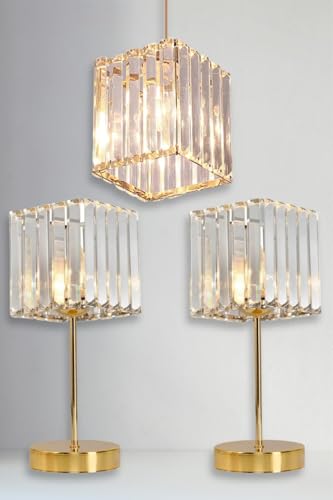 Bohhem Metal Kristal Camlı Sarkıt Avize ve Abajur Seti Yatak Odası Abajur Salon Avize Altın 15 x 14