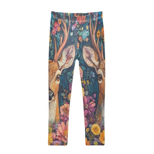 Retro Floral Deer Girls Casual Leggings for Kids Printed Long Pant Bottoms Stretch and Soft