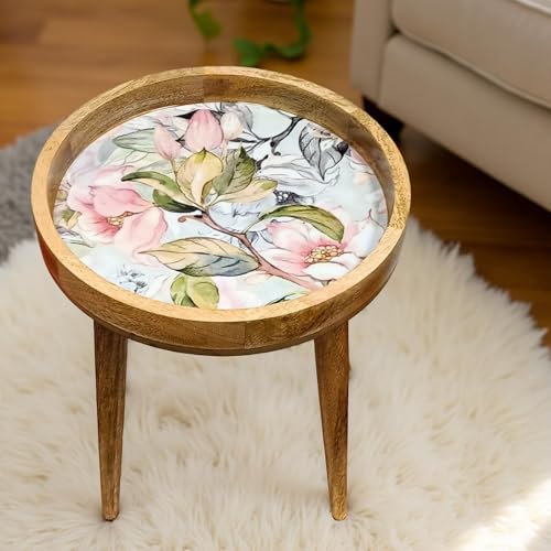 Image of Hartsmede Mango Wood Side Table – Handmade Artisan Accent 38cm Enamel Resin Top, Lightweight & Strong with Detachable Legs, Boho Round End or Bedside for Living Room or Bedroom (S Flower, 18")