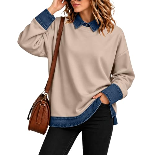 Womens Polo Shirts Button Denim Patchwork Collared Long Sleeve Tops - image 5