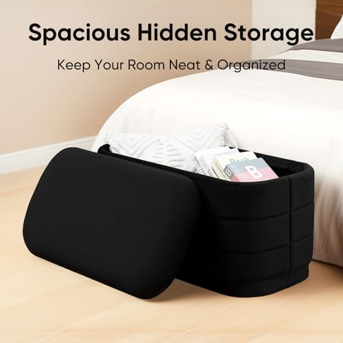 Image of 30 inch Velvet Storage Ottoman Bench with Wooden Tray Lid, Folding Large Upholstered Ottoman Footstool for Living Room, Rectangular Padded Foot Rest for Bedroom Living Room Dorm, Black
