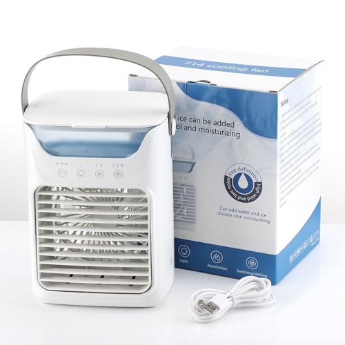 KENANLAN Mini ventilador de aire acondicionado de 700 ml, acondicionadores 4 en 1 para el hogar con 3 velocidades de viento, 2 niebla fría y 3 temporizadores automáticos a 8 horas de humidificación