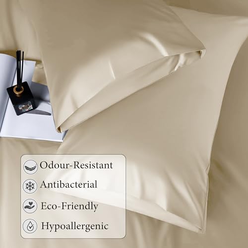 Image of RD TREND Microfiber Satin Weave Fitted Bedsheet for Double Bed King Size (78x72x10 Inch) with 2 Pillow Covers (18x28 Inch),400 TC Elastic All Around | (Beige)