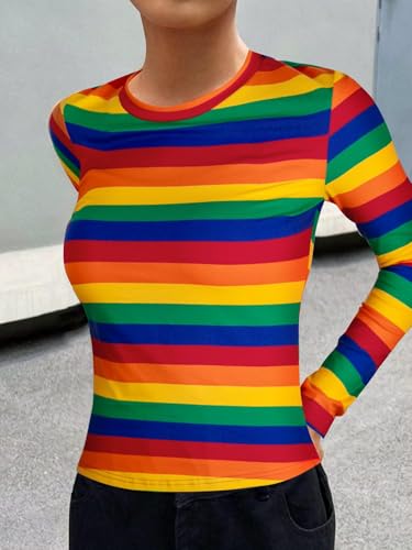 LilyCoco Womens Rainbow Striped Shirt Long Sleeve Colorblock Tops Crew Neck Fitted Tshirts3
