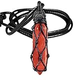 TUMBEELLUWA Hexagonal Red Jasper Crystal Points Pendant Necklace for Unisex Wrapped Stone Wand Pendant with Adjustable Cord