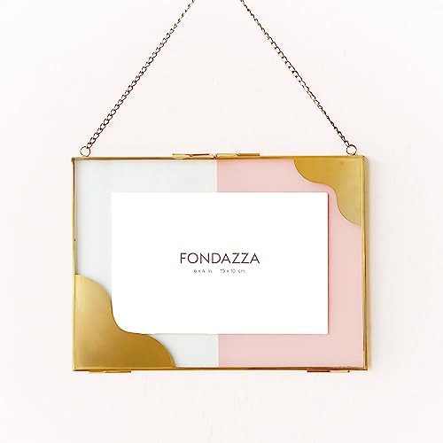 FONDAZZA 6x4 Wall Hanging Picture Frame, Gold Brass Decor, Glass Backing with Color Print, Horizontal/Landscape Only, Floating Photo Frame (Pale Blush)