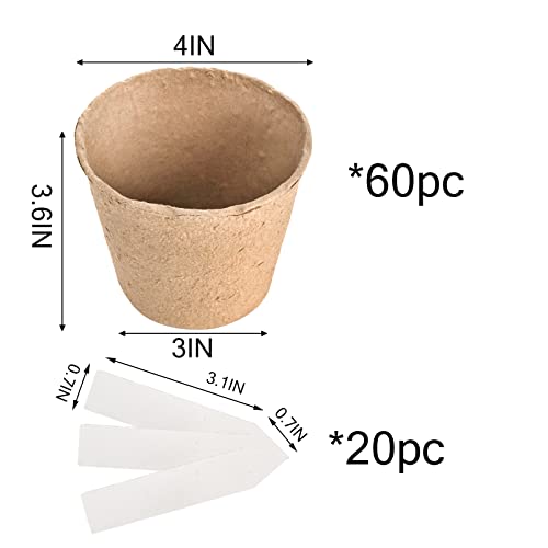 Cedilis 60 Pack 4 inch Peat Pots, Biodegradable Plant Starter Pots with Plant Labels, Germination Station Starter Cups, Disposable Plant Pots for Seedlings, Flowers, Vegetables Seeds