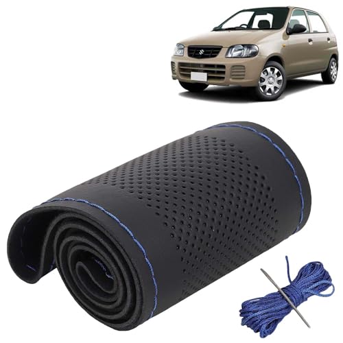 Image of KINGSWAY PU Leatherite Car Steering Cover Sewable Compatible with Maruti Suzuki Alto (Year 2000-2012), Black Color with Blue Thread, Pack of 1 with Sewing Needle and Thread