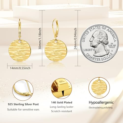 ALEXCRAFT Sterling Silver & 14K Gold Plated Dangle Earrings for Women Hypoallergenic Lightweight Coin Disc Line Texture Leverback Earrings Trendy Minimalist Women Jewelry Gifts4