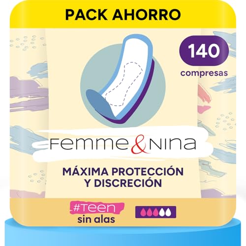 FEMME & NINA 140 Compresas sin Alas para Adolescentes, Algodón con Tacto Suave para Extra Confort, Núcleo Altamente Absorbente, Máxima Protección, Ultra Finas, Cero Olor e Incomodidad, 10 Paquetes