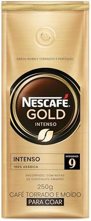 Embalagem frontal do café Nescafé Gold Intenso 250g, com destaque para o logo, intensidade e informações do produto.