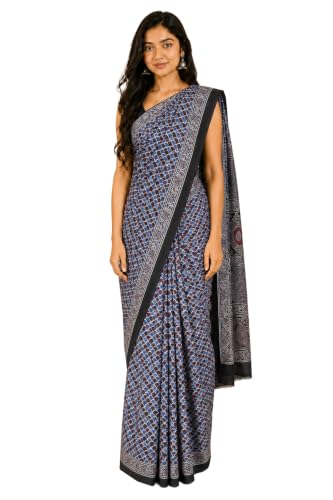 Image of Ethnics of Kutch Womenss Ajrakh Modal Silk Natural Dye Hand Block Print Saree with Blouse Piece - 5.5 Mtr Length