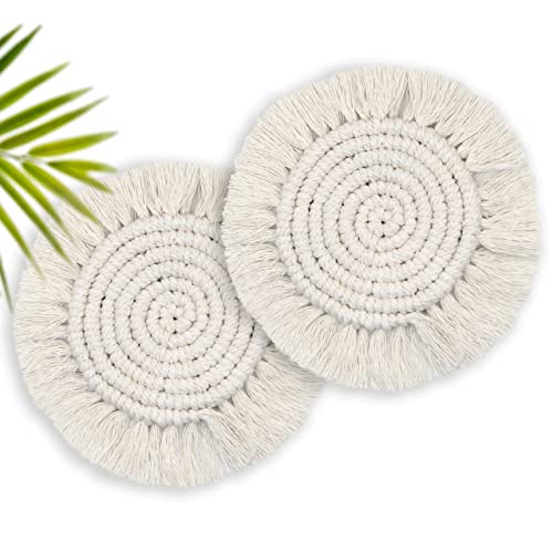 7.4in Boho Coasters Set of 2, Cute Drink Coasters Absorbent for Desk, Farmhouse Handmade Woven Macrame Coaster for Mugs Cups - Home Decor Housewarming Gift, Round Beige