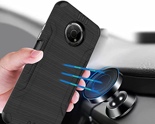 Tjs Compatible With Nokia G300 5G 6.5” (N1374Dl) Case, Magnetic Support Dual Layer Hybrid Shockproof Metallic Brush Finish Hard Inner Layer Drop Protector Phone Case Cover (Black) #TOP2