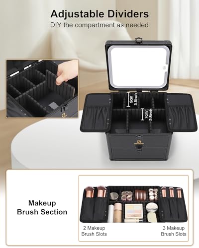 Image of Relavel Makeup Bag with LED Mirror, Dual Layer Cosmetic Train Case with Light up Mirror Large Travel Makeup Artist Organizer Bag for Women with Adjustable Dividers & Nail Polish Organizer, Black