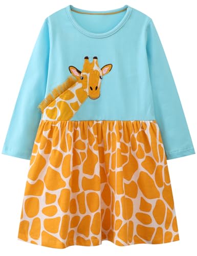 Hongshilian Girls Cartoon Dress Applique Party Dresses Casual Jersey Cotton Long-Sleeved(2T,Giraffe & SkyBlue)