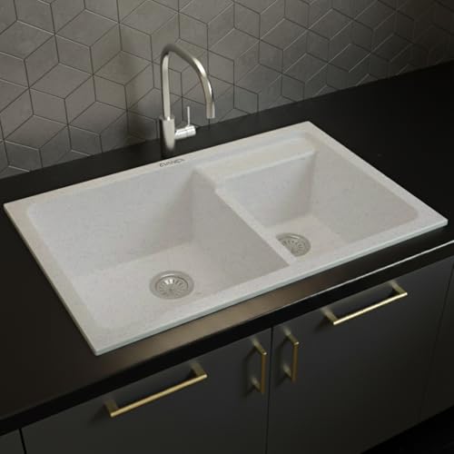 Image of EVANEX Quartz Kitchen Sink | 31x18x9 Inch Double Bowl Sink for Kitchen | Granite Topmount /Undermount Kitchen Sinks | Sand Pluto Double Sink with Connector, Waste Pipe, Coupling and Drain Basket