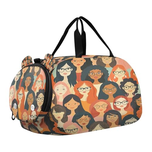 YETTASBIN Sport Travel Duffel Bag for Girls Boys, Smiling Girl Large Waterproof Weekender Overnight Bag, Detachable Shoulder Strap Gym Bag with Shoe Compartment & Wet Pocket