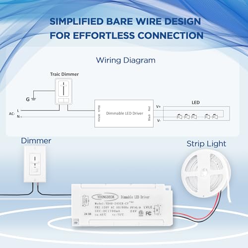 Image of LED Driver 40W, Dimmable 120V AC to 24V DC Electronic Transformer, 24V 1.7A LED Power Supply Waterproof, Compatible with Most Dimmers for Low Voltage Lighting Project