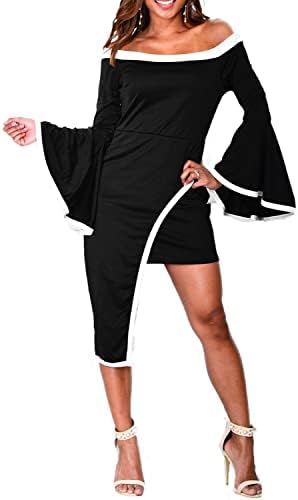 Bodycon4U Womens Off Shoulder Black and White Ruffle Bell Sleeve Bodycon Asymmetrical Club Party Cocktail Dress Plus Size Black M