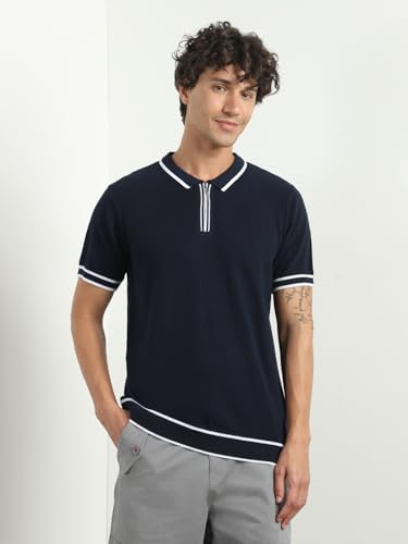 Image of NOBERO Men's Textured Polo Shirt, 100% Cotton Flat Knit, Regular Fit, Vibrant Hues, Classic Polo Collar, Soft & Breathable Casual Wear