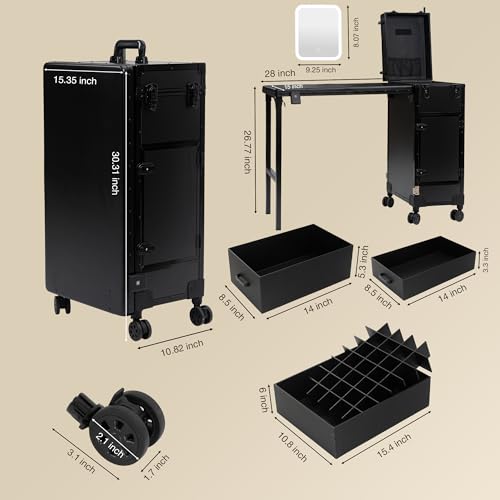 Image of Portable Manicure Table with 3 Drawers, Rolling Foldable Nail Desk with Detachable Mirror, Professional Makeup Train Case with Wheels and TSA Lock for Nail Techs & Salon Use